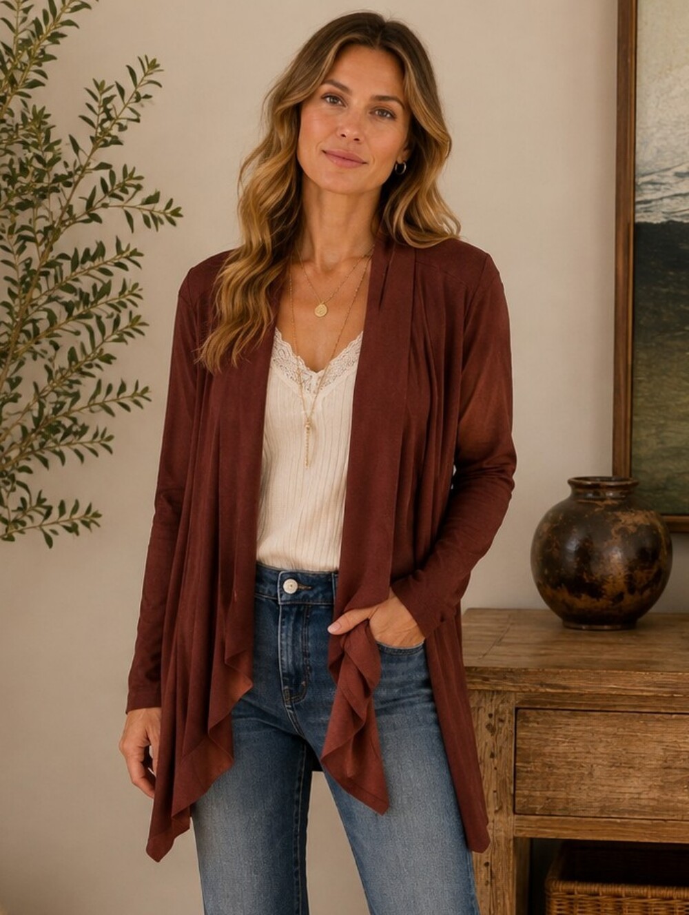 BKE Rust Waterfall Open Front Cardigan Long Sleeve‎ Drape Jacket Boho Size Large